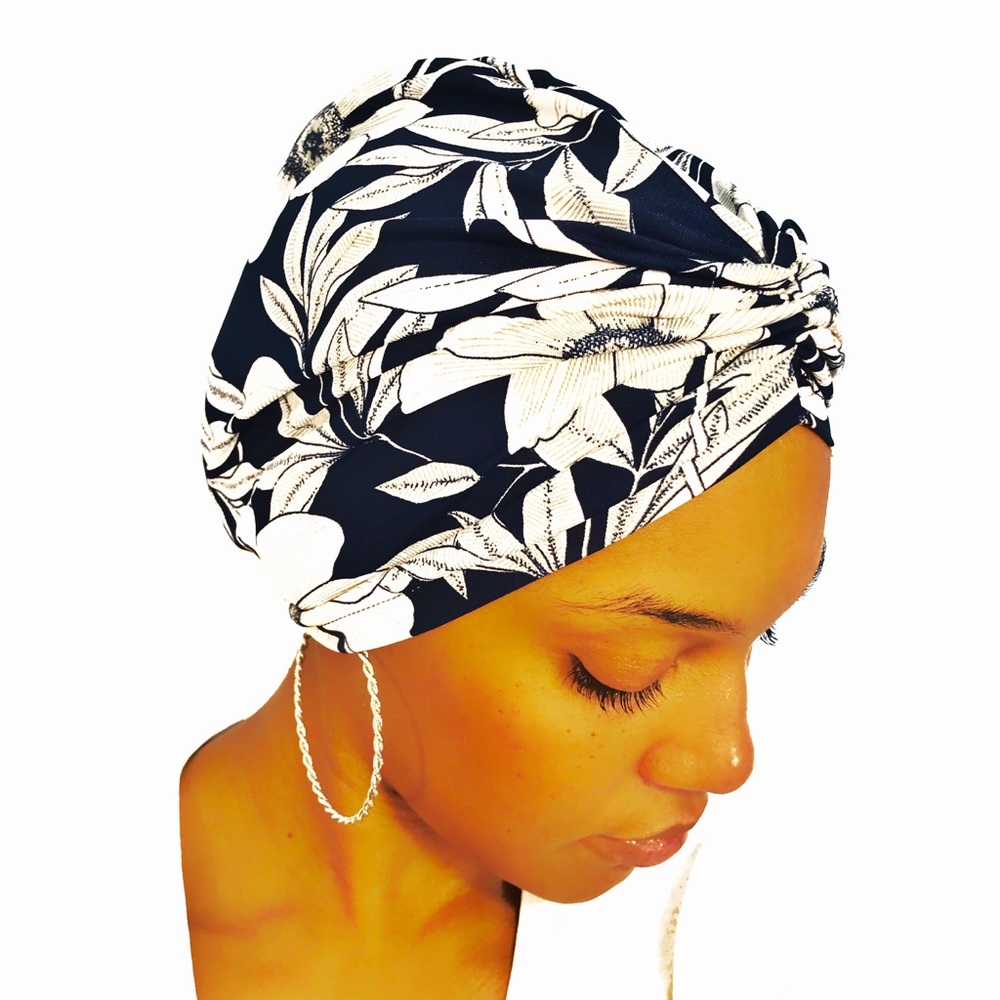 Blue Satin Lined Hair Wrap Turban Bonnet Hijab